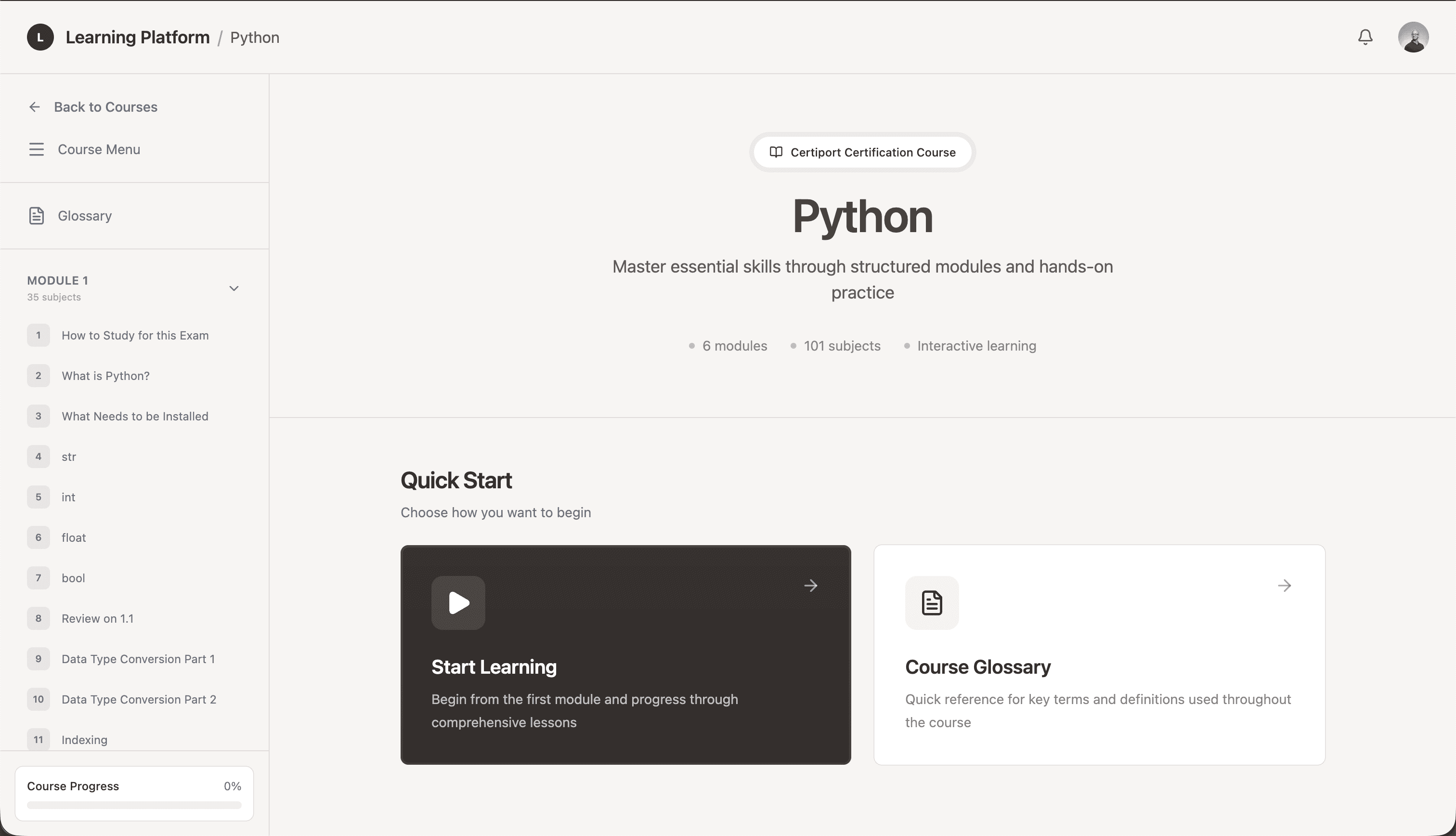 Course Management Dashboard - Learning Progress and Modules